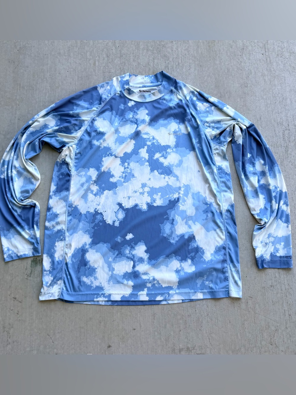 Simms Shirt Mens XL Blue Camo SolarFlex Shirt UPF 50 Fishing Long Sleeve